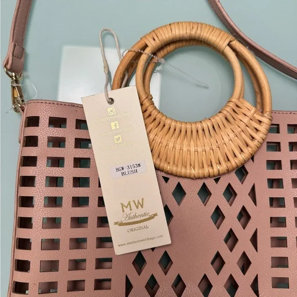 NWT Madison West Blush Laser-Cut Tote Bag with Rattan Handles - Picture 3 of 6
